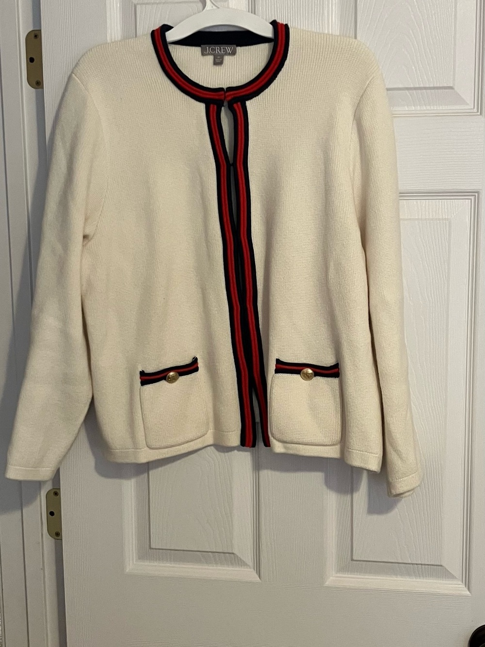 J.Crew Sz 2XL Emilie Sweater Lady Jacket Cardigan Ivory Red Navy Contrast Trim
